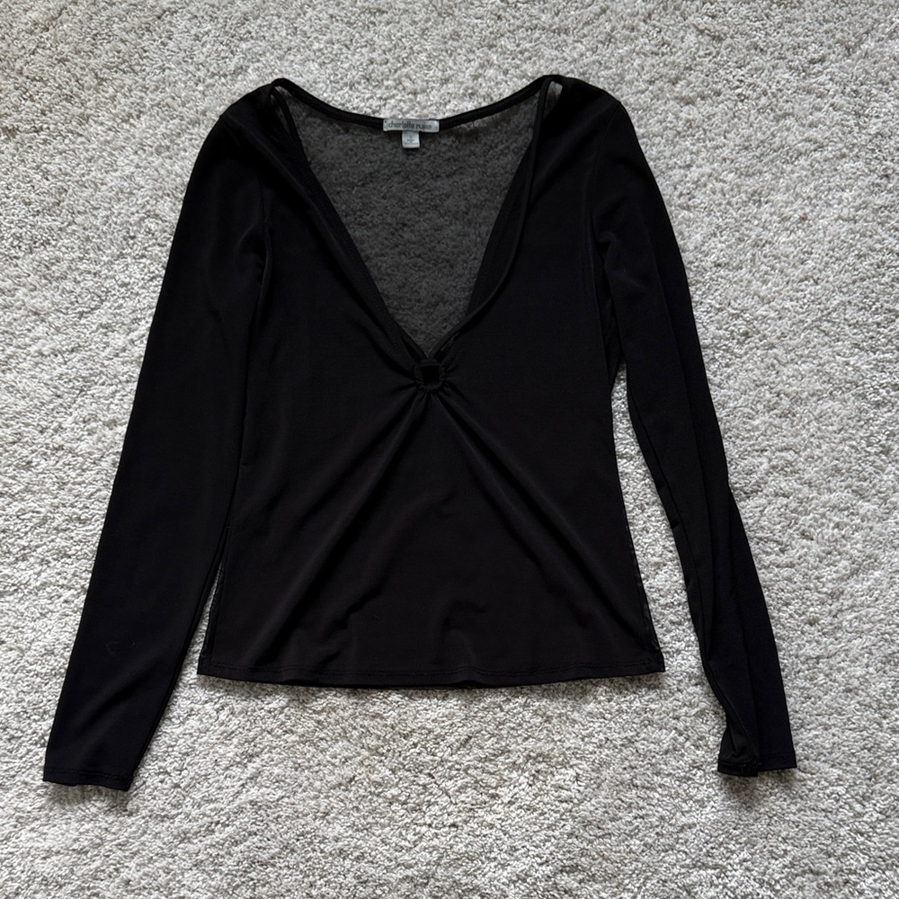 Long Sleeve Black Mesh Back V-Neck Women's Top
